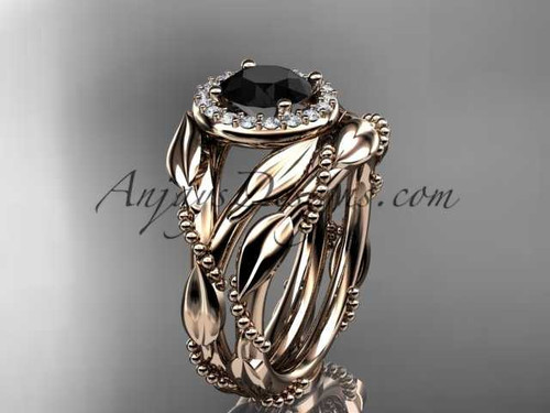 14kt rose gold diamond leaf and vine engagement set with a Black Diamond center stone ADLR328S