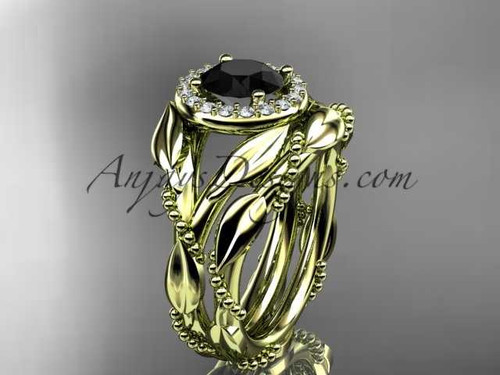 14kt yellow gold diamond leaf and vine engagement set with a Black Diamond center stone ADLR328S