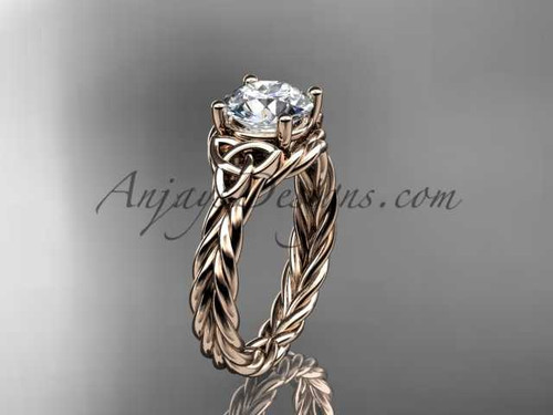 14kt rose gold rope triquetra celtic engagement ring with a "Forever One" Moissanite center stone RPCT9112