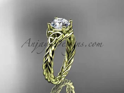 14kt yellow gold rope triquetra celtic engagement ring with a "Forever One" Moissanite center stone RPCT9112