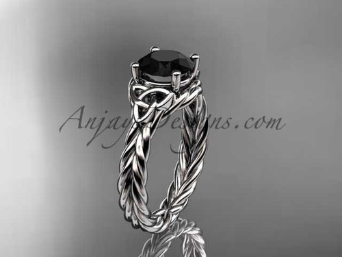 14kt white gold rope triquetra celtic engagement ring with a Black Diamond center stone RPCT9112