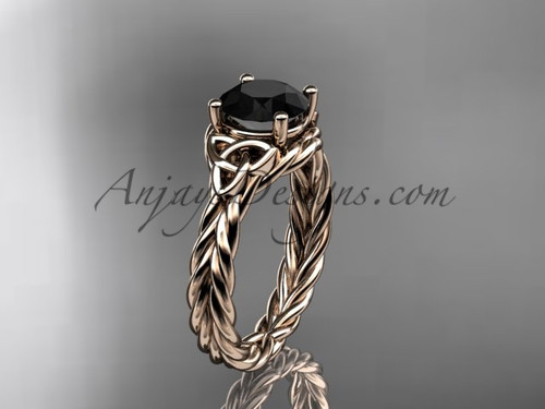 14kt rose gold rope triquetra celtic engagement ring with a Black Diamond center stone RPCT9112