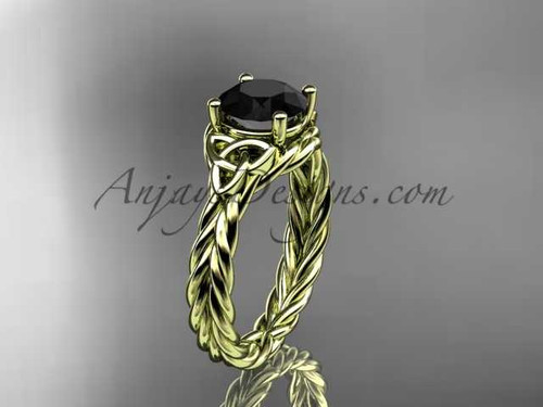 14kt yellow gold rope triquetra celtic engagement ring with a Black Diamond center stone RPCT9112