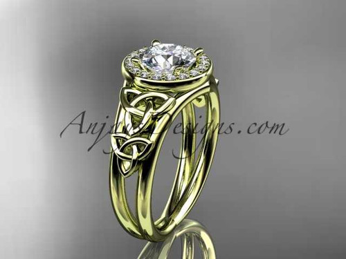 Gorgeous Celtic Trinity Knot Wedding Ring, 14kt Yellow Gold Halo Diamond Engagement Ring CT7131