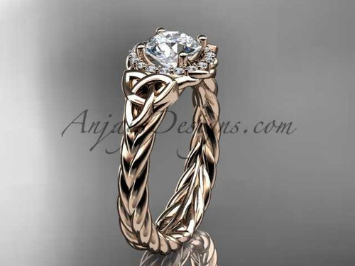 14kt rose gold rope celtic trinity diamond engagement ring with a "Forever One" Moissanite center stone RPCT9380 14kt rose gold rope celtic trinity diamond engagement ring with a "Forever One" Moissanite center stone RPCT9380