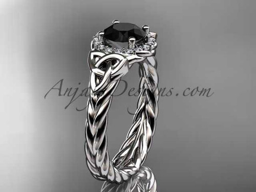 14kt white gold rope celtic trinity diamond engagement ring with a Black Diamond center stone RPCT9380