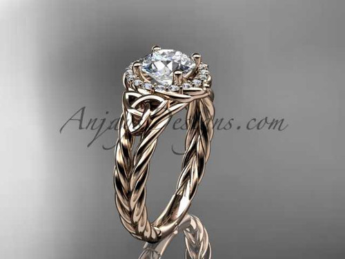 14kt rose gold halo rope celtic triquetra engagement ring with a "Forever One" Moissanite center stone RPCT9131 14kt rose gold halo rope celtic triquetra engagement ring with a "Forever One" Moissanite center stone RPCT9131