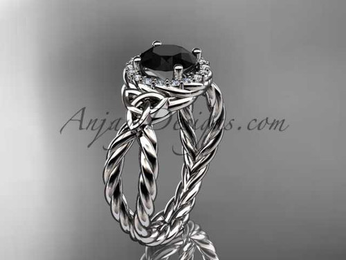14kt white gold rope halo celtic triquetra engagement ring with a Black Diamond center stone RPCT9127