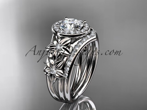 Luxury Halo Diamond Engagement Ring Set, 14kt White Gold Flower Wedding Set ADLR131S