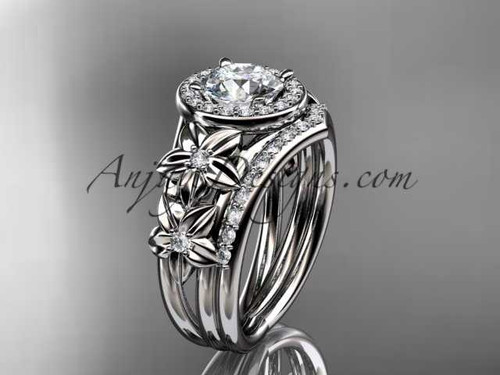 Halo Diamond Wedding Ring Set, 14kt White Gold Flower Bridal Ring ADLR131S