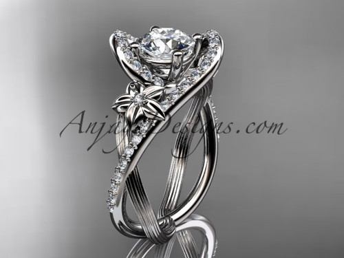 14k white gold leaf and flower diamond unique engagement ring, wedding ring with a "Forever One" Moissanite center stone ADLR369