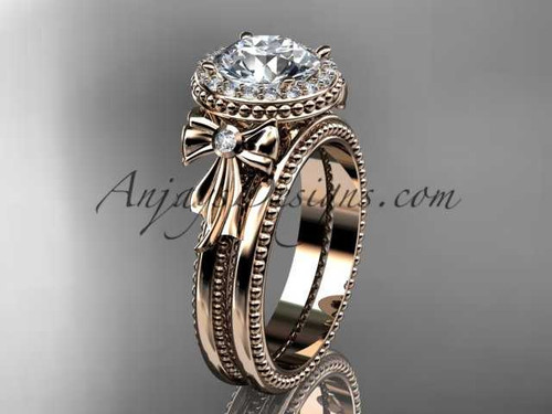 14kt rose gold diamond unique engagement set, wedding ring with a "Forever One" Moissanite center stone ADER157S