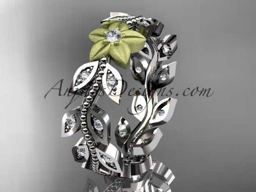 14kt Two-Tone Gold Diamond Flower Wedding Band, Leaf and Vine Engagement Ring ADLR161B 1