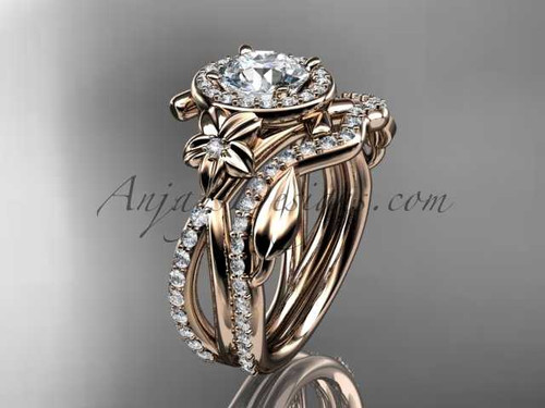 Elegant Flower and Leaf Wedding Set, 14kt Rose Gold Diamond Engagement Ring ADLR89S