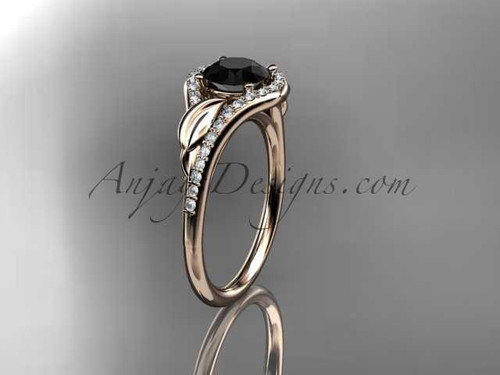 14kt rose gold diamond leaf wedding ring, engagement ring with a Black Diamond center stone ADLR334