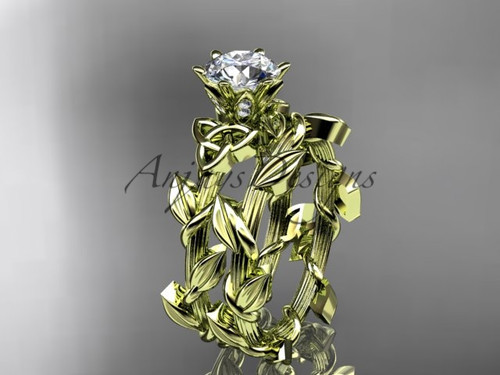 Nature inspired Celtic engagement ring set crafted in 14k yellow gold with a 1 carat lab grown diamond
