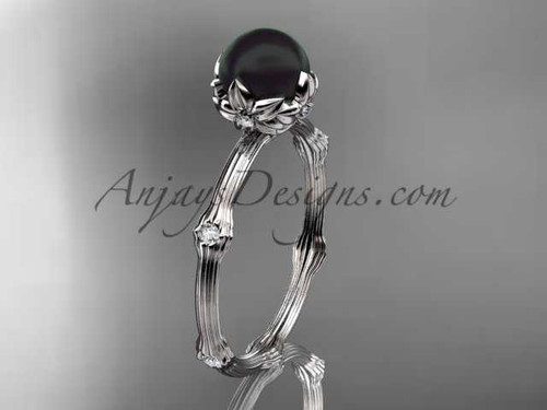 Platinum Tahitian Black Pearl vine and leaf engagement ring ABP38