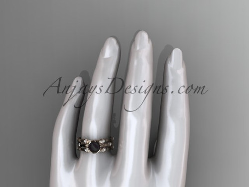 14k rose gold Tahitian Black Pearl vine and leaf engagement ring with double matching band ABP38S