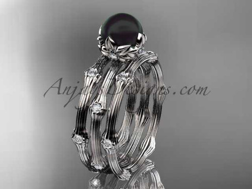 Platinum Tahitian Black Pearl vine and leaf engagement ring with double matching band ABP38S