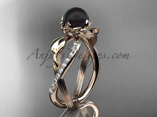 14k Rose Gold Tahitian Black Pearl Flower and Leaf Engagement Ring ABP70
