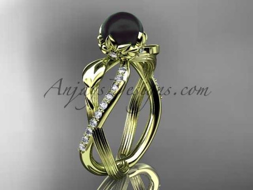 14k Yellow Gold Tahitian Black Pearl Flower and Leaf Engagement Ring ABP70
