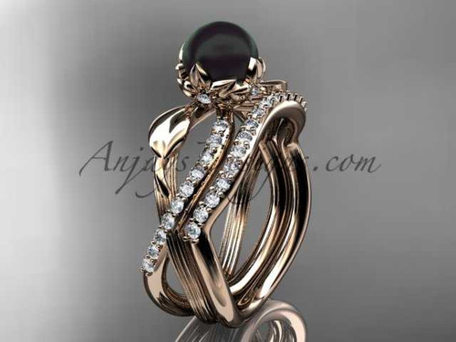 14k Rose Gold Tahitian Black Pearl Flower and Leaf Engagement Set ABP70S