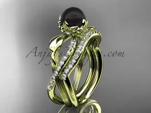 14k Yellow Gold Tahitian Black Pearl Flower and Leaf Engagement Set ABP70S