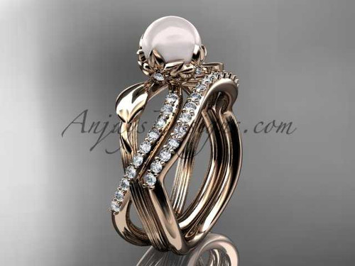 14k Rose Gold Pearl Flower and Leaf Engagement Set AP70S