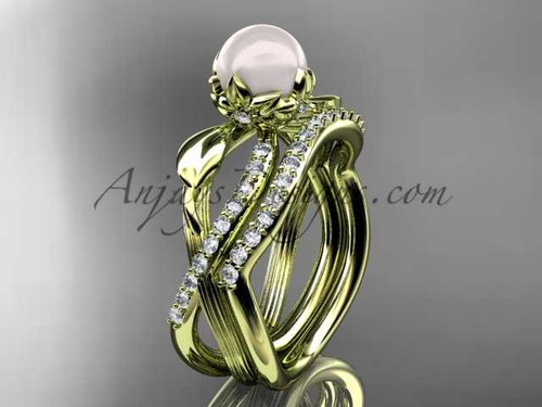 14k Yellow Gold Pearl Flower and Leaf Engagement Set AP70S