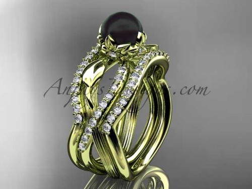 14k Yellow Gold Tahitian Black Pearl Flower and Leaf Engagement Ring with a Double Matching Band ABP70S