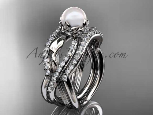 14k White Gold White Pearl Flower and Leaf Engagement Ring with a Double Matching Band AP70S