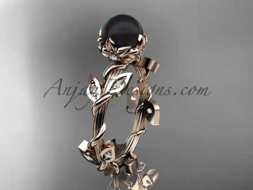 14kt Rose Gold Diamond leaf Floral Round Tahitian Black Cultured Pearl Engagement Ring ABP20