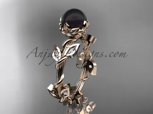 Black Pearl Engagement Ring - Rose Gold Flower Ring ABP20