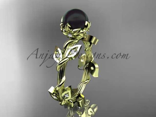 14kt Yellow Gold Diamond leaf Floral Round Tahitian Black Cultured Pearl Engagement Ring ABP20