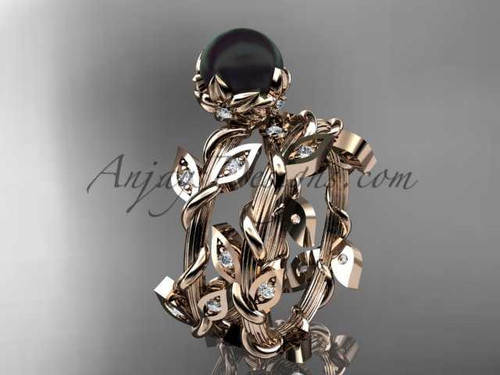 14kt Rose Gold Diamond Flower Round Tahitian Black Cultured Pearl Engagement Set ABP20S