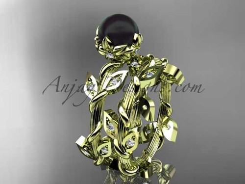 14kt Yellow Gold Diamond Flower Round Tahitian Black Cultured Pearl Engagement Set ABP20S