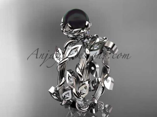 Platinum Diamond Flower Round Tahitian Black Cultured Pearl Engagement Set ABP20S