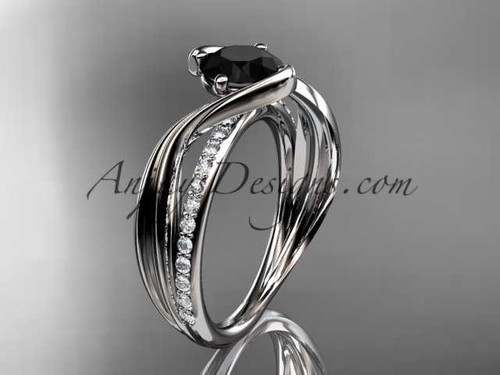 platinum diamond leaf and vine wedding ring, engagement ring with Black Diamond center stone ADLR78