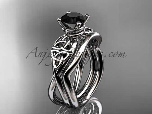 14kt white gold celtic trinity knot engagement set with a Black Diamond center stone CT770S