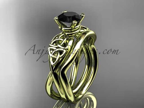 14kt yellow gold celtic trinity knot engagement set with a Black Diamond center stone CT770S