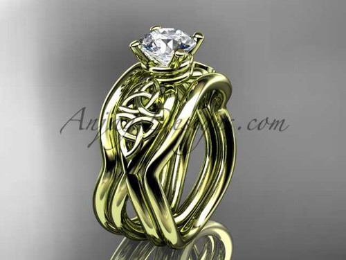 14kt yellow gold celtic engagement ring with Moissanite center stone and double matching band CT770S