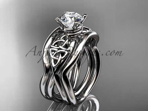 Platinum celtic engagement ring with Moissanite center stone and double matching band CT770S