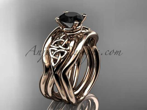 14kt rose gold celtic engagement ring with Black Diamond center stone and double matching band CT770S