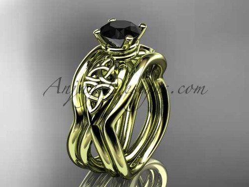14kt yellow gold celtic engagement ring with Black Diamond center stone and double matching band CT770S