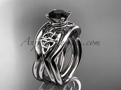 Platinum celtic engagement ring with Black Diamond center stone and double matching band CT770S