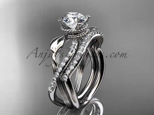 Platinum diamond leaf and flower wedding set with a "Forever One" Moissanite center stone ADLR70S