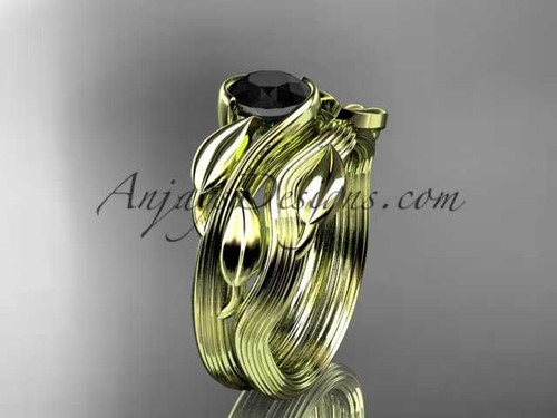 14kt yellow gold leaf and vine wedding ring, engagement set with a Black Diamond center stone ADLR273S
