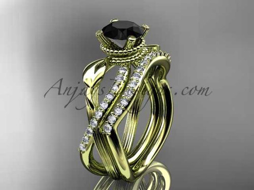 14kt yellow gold diamond leaf and flower wedding set with a Black Diamond center stone ADLR70S