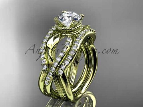 14kt yellow gold flower double wedding band with engagement ring ADLR70S