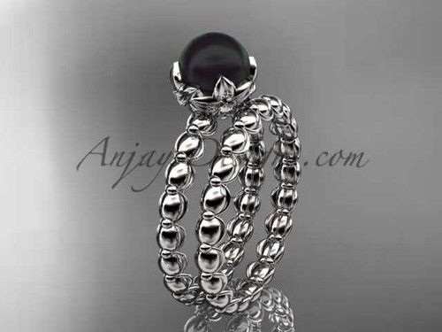 14kt white gold diamond vine round tahitian black cultured pearl engagement set ABP34S